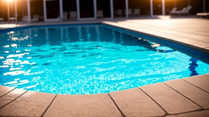 Fototapeta na wymiar Blue water surface with shinning sun light reflections, swimming pool water establishment closeup. Creative resource, AI Generated