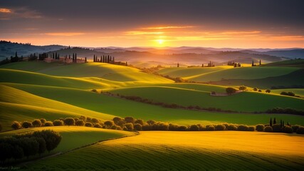 Obraz premium ordinary Tuscany farmland scene, sunset over rolling slants and Tuscany farmland. Creative resource, AI Generated