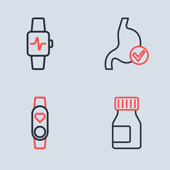 Obraz premium Set line Human stomach health, Smart watch with heart, Vitamins and icon. Vector