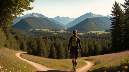 Athletic woman walks on excellent climbing way between glade and trees and the Churfürsten mountain run inside the establishment. Creative resource, AI Generated - obrazy, fototapety, plakaty