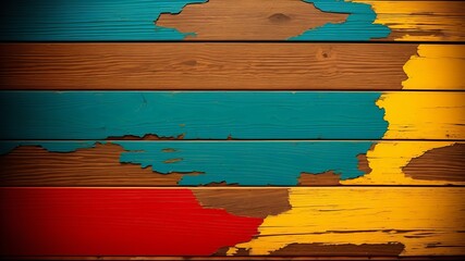 Surface of vintage wood sheets with portion paint of white, reddening, yellow and blue color. Level retro establishment with wooden sheets of unmistakable colors. Creative resource, AI Generated