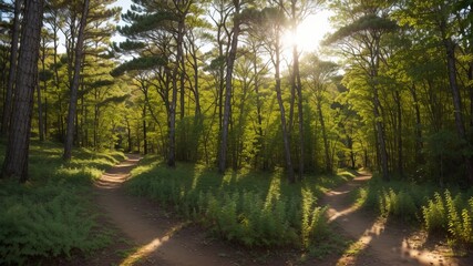 an picture of a timberland way winding through sunlit clearings and thick foliage. Creative resource, AI Generated