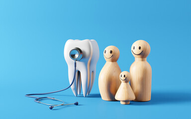 Obraz premium Healthy white tooth with family icon and Stethoscope. Oral health and dental inspection teeth. Medical dentist tool, children healthcare, 3D render