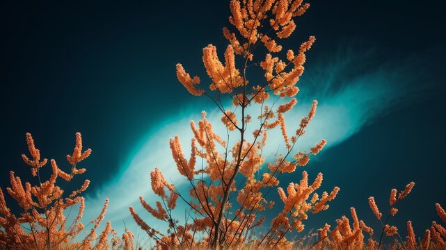 Grand unprecedented coral, turquoise, and yellow night photo botanical organize establishment salute. Creative resource, AI Generated