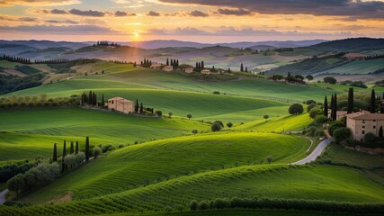 customary Tuscany farmland scene, sunset over rolling slants and Tuscany farmland. Creative resource, AI Generated