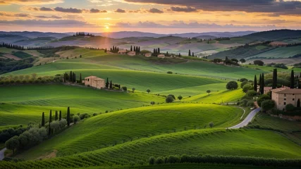 Fotobehang customary Tuscany farmland scene, sunset over rolling slants and Tuscany farmland. Creative resource, AI Generated © DEER FLUFFY