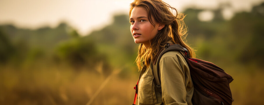 Captivating young safari guide, distinctive braid and khaki gear, side view with ample empty space, in African savannah blurred backdrop.