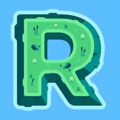 Illustration of the letter R in the form of an island. Illustration of letter R in the form of an island with swamp. Alphabet for children, children's imagery. 