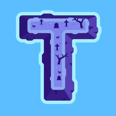 Illustration of the letter T in the form of an island. Illustration of letter T in the form of an island with halloween. Alphabet for children, children's imagery. 