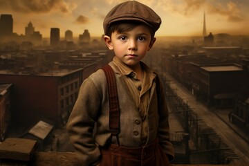 Vintage American 1920 child boy in town. Generate AI