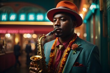 A man playing the saxophone with style and passion