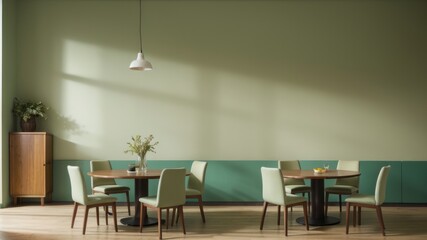 Fototapeta na wymiar Mint color chairs at circular wooden eating table in room with couch and cabinet close green divider. Creative resource, AI Generated
