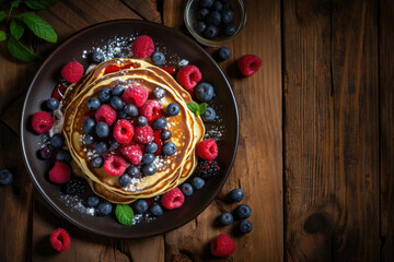 Plate of Pancakes with Fresh Berries on a Wooden Background Shot From Above with Space for Copy