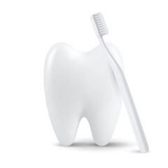 Vector 3d Realistic Tooth with Toothbrush Isolated on White Background. Medical Dentist Design Template, Clipart. Dental Health Concept