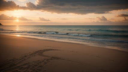 Obraz premium Depict a sandy shoreline kissed by fragile waves and the warm tones of a setting sun. Creative resource, AI Generated