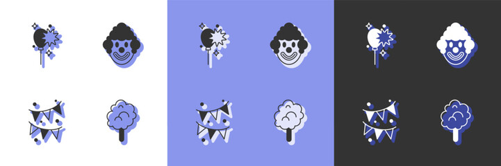Set Cotton candy, Balloons with ribbon, Carnival garland flags and Clown head icon. Vector