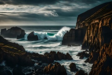 Obraz premium Dramatic and rugged coastline with towering cliffs and crashing waves - AI Generative