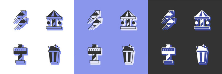 Set Popcorn in cardboard box, Firework rocket, Attraction carousel and icon. Vector