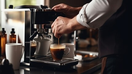 Fototapeta na wymiar Man hand using modern coffee machine, in the morning making espresso coffee, on blurred background.