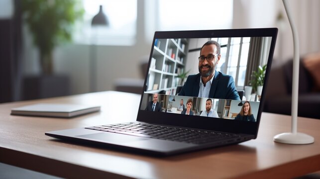 video call with diverse multiracial colleagues on online briefing, concept of having group conference with coworkers on modern laptop at home.