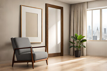 Wooden frame mockup hanging on white wall in living room, boho style. modern living room