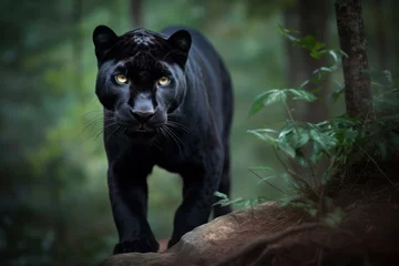  A shallow depth-of-field portrait of a black panther looking at the camera a green forest background © Robbie Lockie