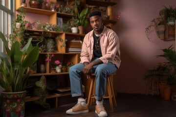 Obraz na płótnie Canvas A young black man wearing a pink jacket and blue jeans, with a neutral expression sitting on a stool inside a historic city apartment, with wooden shelving and house plants in the background. 