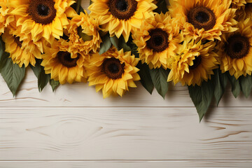 Greeting card design with Sunflowers on white wooden background. Frame for text with flowers of sunflowers. Top view. Copy space