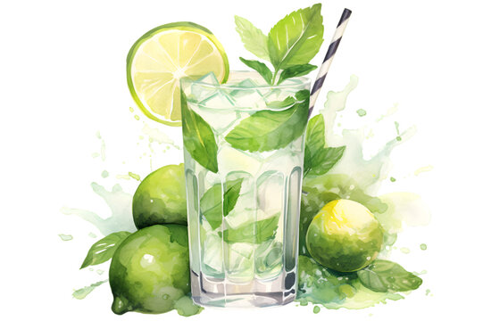 Glass with mojito, green lime drink watercolor illustration isolated on transparent background