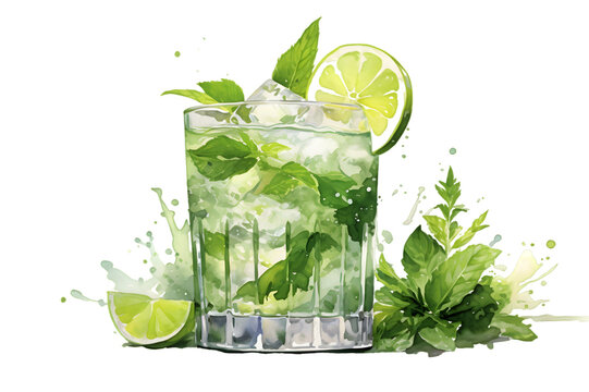 Glass with mojito, green lime drink watercolor illustration isolated on transparent background
