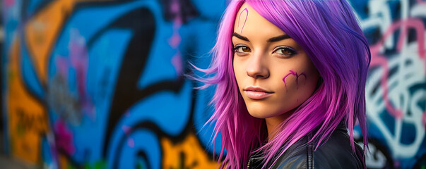 Provocative purple-haired graffiti artist in action, laden with cans amidst a vibrant mural. Her defiance radiates, drawing us to the blank canvas ahead.