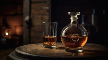 A glass of whiskey or brandy with a decanter. On the background of an oak barrel.