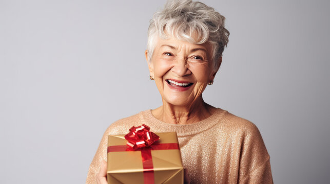Happy smiling senior woman holding gift box over grey background