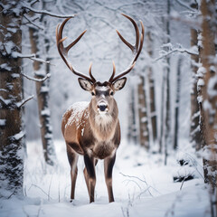 Reindeer in the snow. Generative AI.