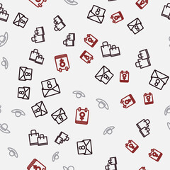 Set line Envelope with 8 March, Paper shopping bag, Elegant women hat and Calendar on seamless pattern. Vector