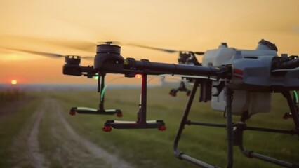 Huge intelligent agriculture drone with spray nozzles early in the morning