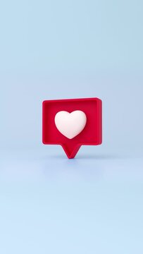 Icon red like heart on blue background. Animation cartoon popping up and spinning.