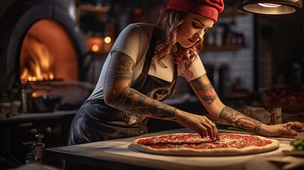 Fotobehang Female chef makes pizza in a restaurant. © MP Studio