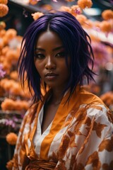 A woman with vibrant purple hair standing amidst a colorful array of flowers