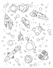 space, rockets, UFO, illustration, vector drawing, sky, stars, moon