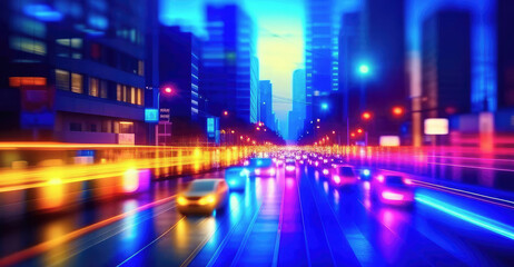 High-speed car traffic at night in neon city. Geneative AI.