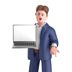 3d businessman executive pose wearing suit standing with blank screen laptop isolated on white background, 3d rendering