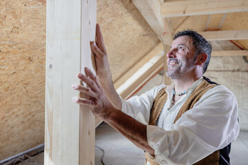 carpenter working on wooden support structures on construction site converting an attic into living room