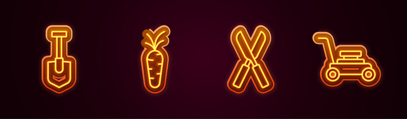 Set line Shovel, Carrot, Gardening scissors and Lawn mower. Glowing neon icon. Vector