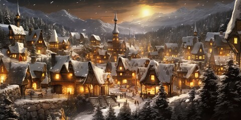 Fototapeta na wymiar AI Generated. AI Generative. Cartoon village xmas christmas new year snow houses background. Happy holiday postcard