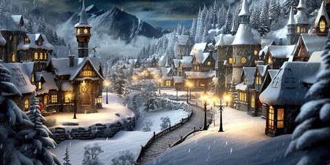 AI Generated. AI Generative. Cartoon village xmas christmas new year snow houses background. Happy holiday postcard