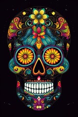 Fototapeta premium Mexican skull with flowers, black background. Generative AI.