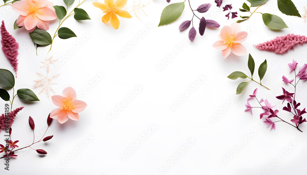 Wall mural lovely spring flowers and leaves on white background