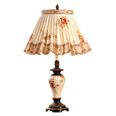 Vintage country style antique table lamp with a beautiful lampshade design isolated on white background, interior design and cottage home decor, post-processed, generative ai