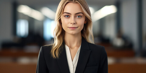 Compelling blonde female lawyer in sleek black suit, eloquently positioned left, against an ambiguous backdrop of a courtroom.